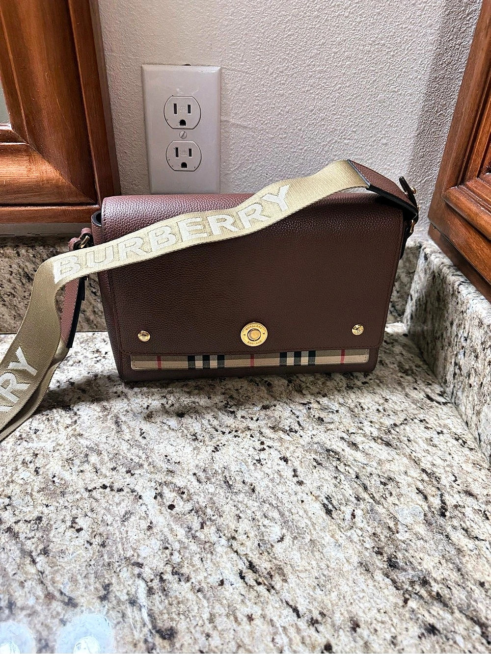 Burberry Note Crossbody Bag Plaid Trim in Brown & Beige